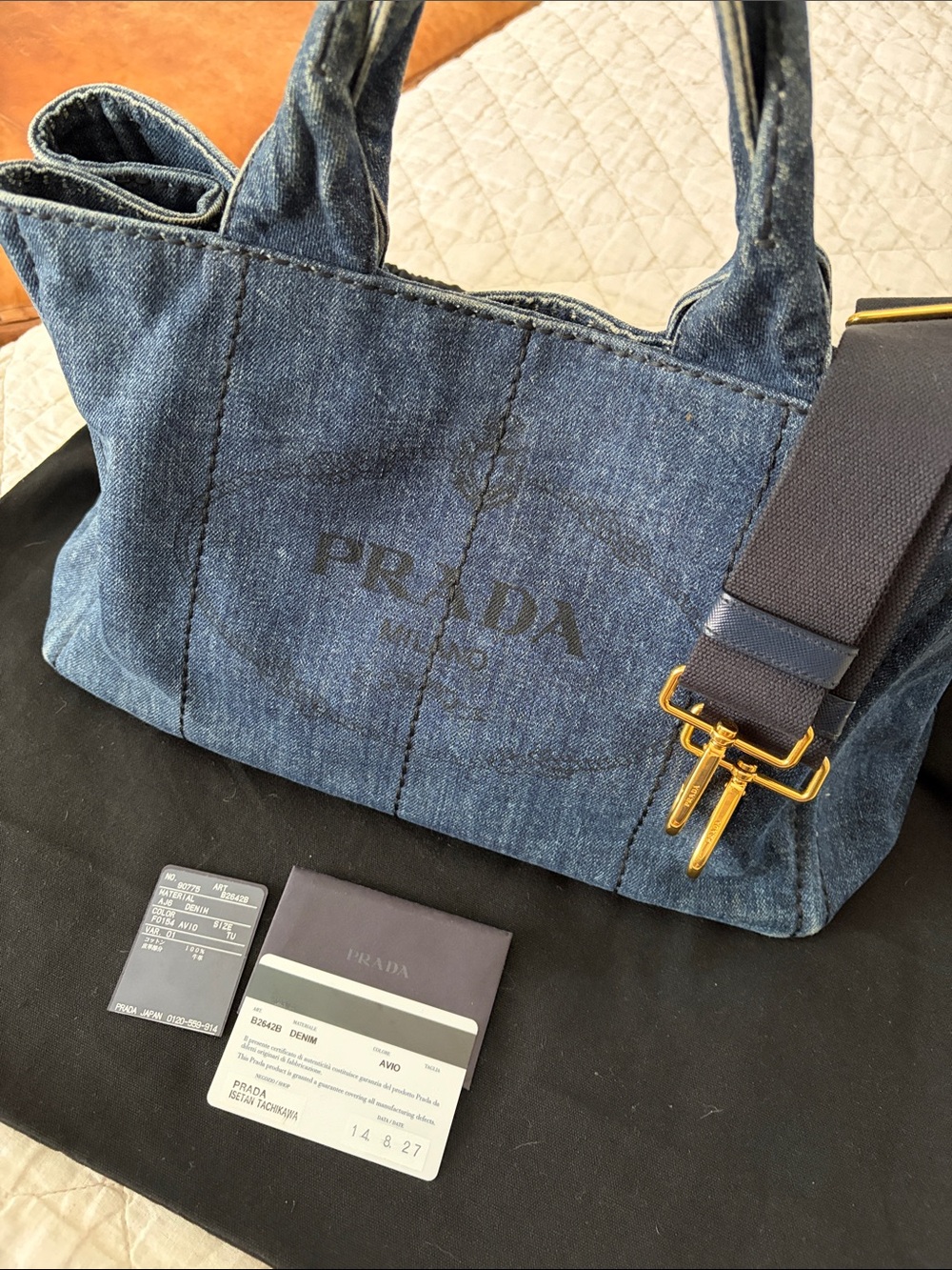 Prada Canapa Denim Tote Bag with Gold-Tone Hardware